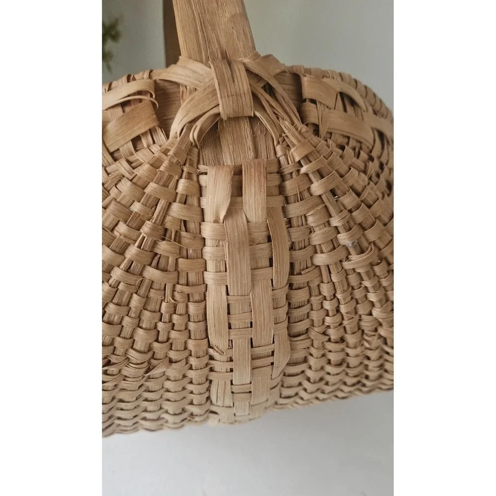 Antique Hand-Woven Gathering Basket Bentwood Handle 9